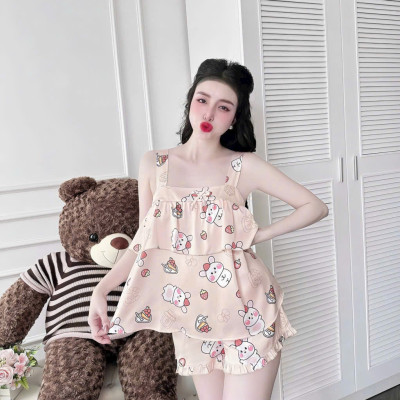 Bộ ngủ 2 dây, đồ bộ nữ,đồ ngủ,đồ bộ mặc nhà đùi 2 dây tầng vải lụa họa tiết siêu cute.