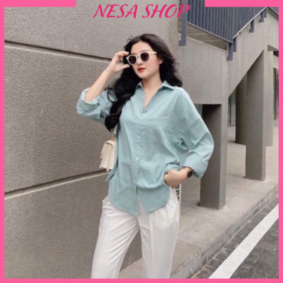 Áo sơ mi nữ form rộng dài tay NeSa Shop, Chất liệu Đũi mềm mịn, thoáng mát, áo kiểu nữ form rộng SMH.038