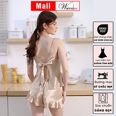 Đồ bộ mặc nhà phi lụa cao cấp WANNABE BSS63 đồ bộ quần short phối áo 2 dây cutout lưng cột nơ sexy giúp bạn gái xinh xắn