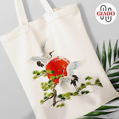 Túi canvas GIADO, túi vải bố, túi tote mẫu chim Hạc mặt trời đỏ