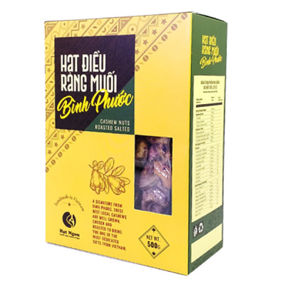 Hạt Điều vỏ lụa rang muối Bình Phước, loại A – Hộp giấy 500g, chuyên dùng biếu tặng.