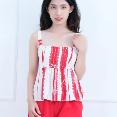 Đồ Bộ Mặc Nhà LMcation - Áo dây Clara màu sọc nơ đỏ &  Quần váy dài Mila màu đỏ