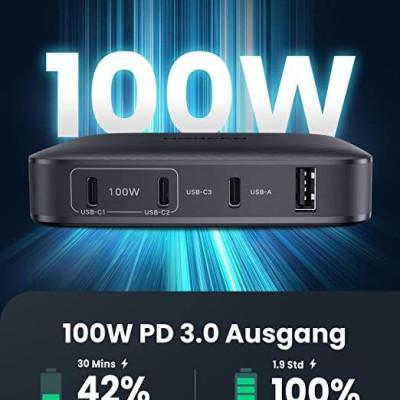 Ugreen UG70870CD226TK 100W Màu đen Bộ sạc nhanh điện thoại 3 cổng USB-C + 1 cổng USB -A hỗ trợ GaN chuẩn cắm nguồn EU - HÀNG CHÍNH HÃNG