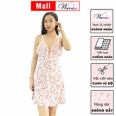 Đầm ngủ lụa mango WANNABE DNS81 váy ngủ 2 dây cổ xẻ sâu, nhúng ren viền quanh cổ, vải hoa nhí màu sắc tươi mát trẻ trung