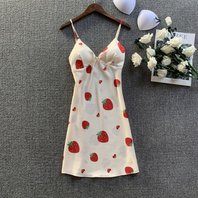 Váy ngủ lụa hai dây dâu tây kèm mút ngực sexy Q121 - Đầm ngủ lụa dâu tây gợi cảm - Váy ngủ