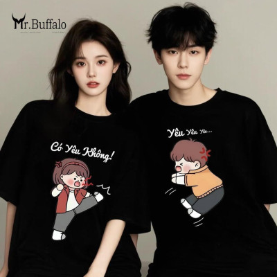 Áo đôi , áo thun cặp nam nữ tay lỡ Unisex "có yêu không" form rộng vải cotton 100% B03B04 - Mr.Buffalo