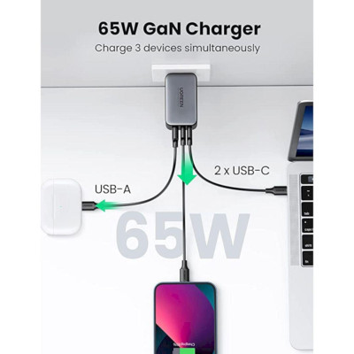 Ugreen UG10334CD244TK 65W 3Port Màu Đen Bộ sạc nhanh PD3.0 GaN sạc siêu nhanh 2 cổng USB-C và 1 Cổng USB-A chân cắm US - HÀNG CHÍNH HÃNG