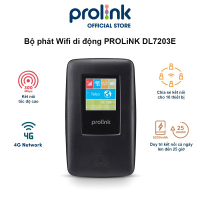 Bộ phát Wifi di động PROLiNK DL7203E, SIM 4G LTE 150Mbps, pin 5200mAH, màn hình 1.44", cổng RJ45, USB 2.0, microSD - Hàng chính hãng