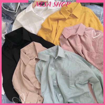 Áo sơ mi nữ form rộng dài tay NeSa Shop, Chất liệu Đũi mềm mịn, thoáng mát, áo kiểu nữ form rộng SMH.038