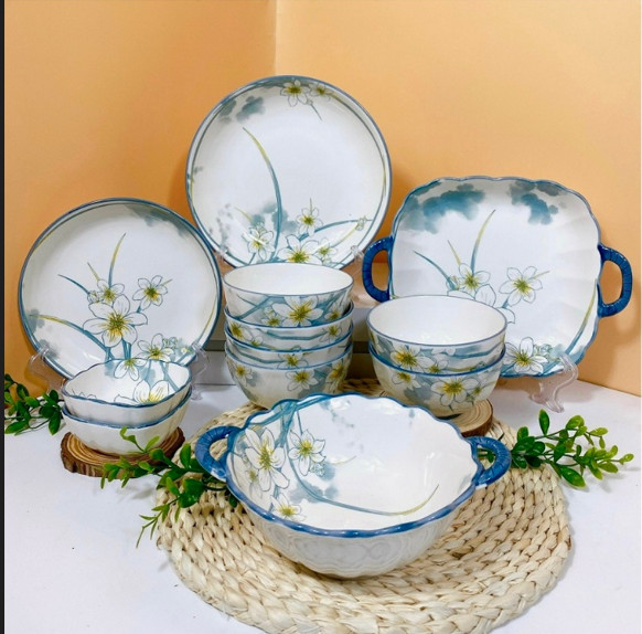 Bán Lẻ Bát Đĩa Hoa Thuỷ Tinh Viền Xanh Thương Hiệu Gosu, Sử Dụng Được Cho Lò Vi Sóng, Máy Rửa Bát