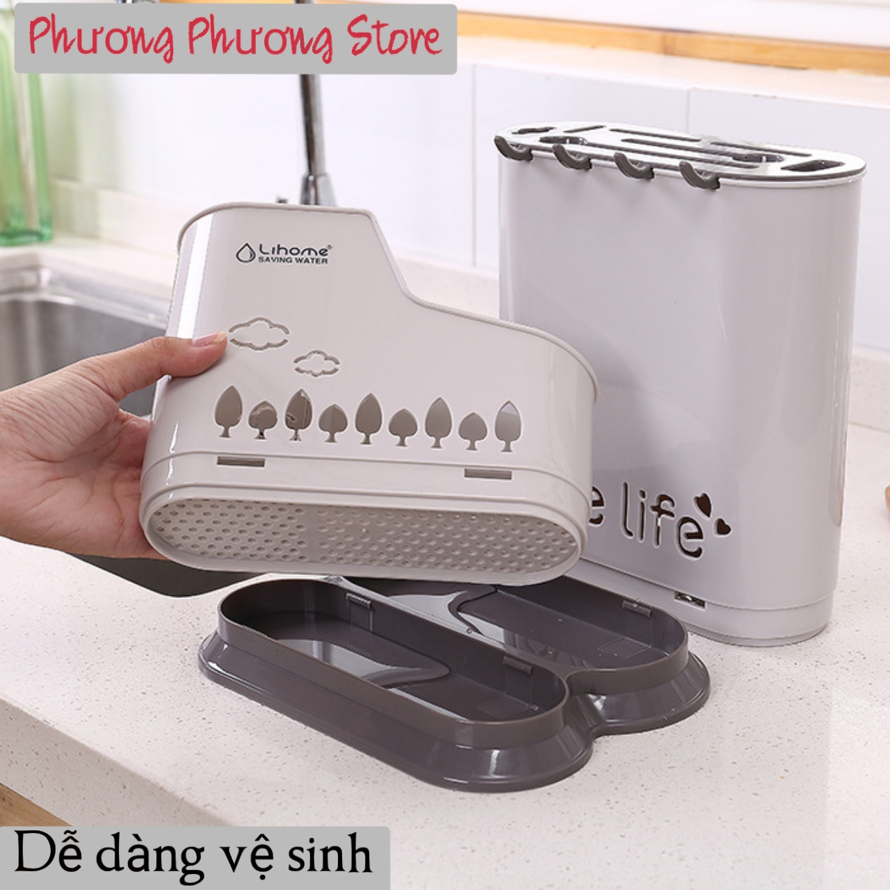 Ống Đựng Đũa Thìa Có Móc Treo Kèm Khay Cắm Dao Kéo Nhựa VN ( giao màu ngẫu nhiên )
