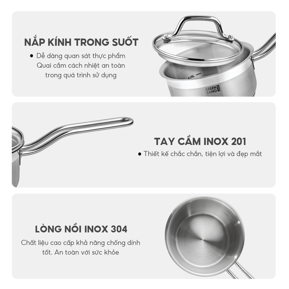 Quánh inox 304 vung kính đáy 3 lớp Lebenlang LBL2530, LBL2531, LBL2532, size 12,14,16, dùng các loại bếp - hàng chính hãng