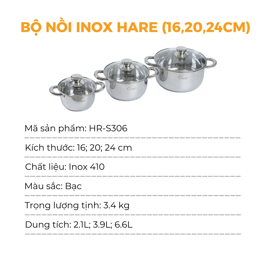 Bộ nồi inox đáy từ HR-S306 (16,20,24cm) - thương hiệu Hare - lỗi 1 đổi 1