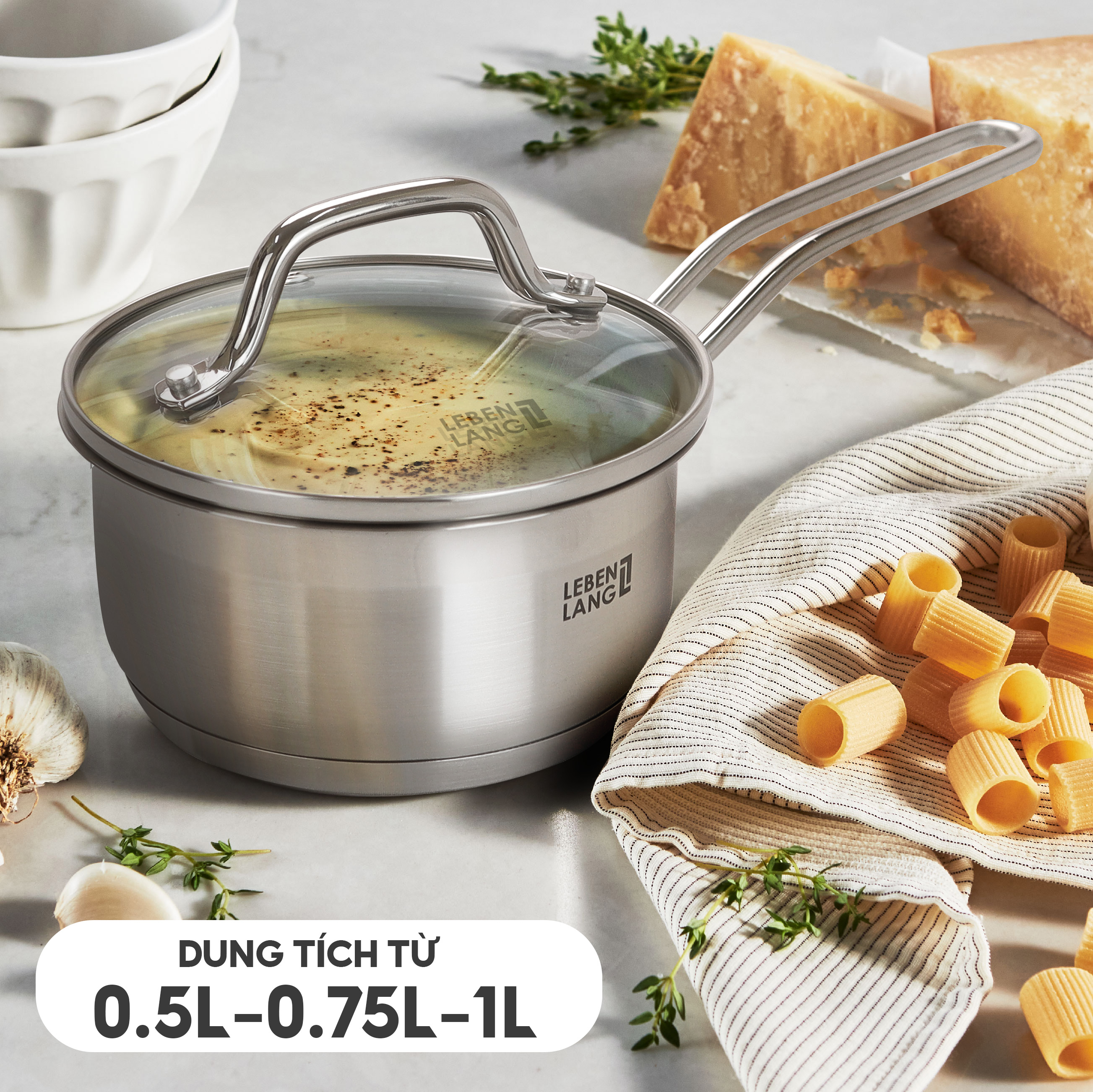 Quánh inox 304 vung kính đáy 3 lớp Lebenlang LBL2530, LBL2531, LBL2532, size 12,14,16, dùng các loại bếp - hàng chính hãng