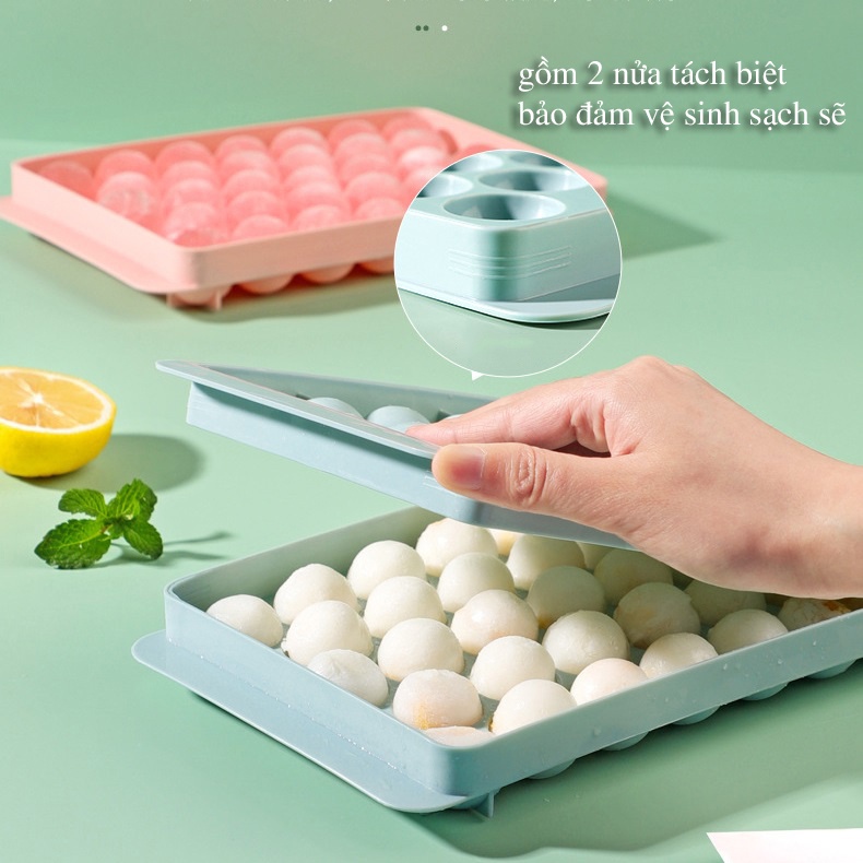 Khay Đá Bi Tròn Tủ Lạnh 33 Viên Có Nắp Đậy Khuôn Làm Thạch Rau Câu Bi Đá Viên Tròn 33 Ô Giao Màu Ngẫu Nhiên