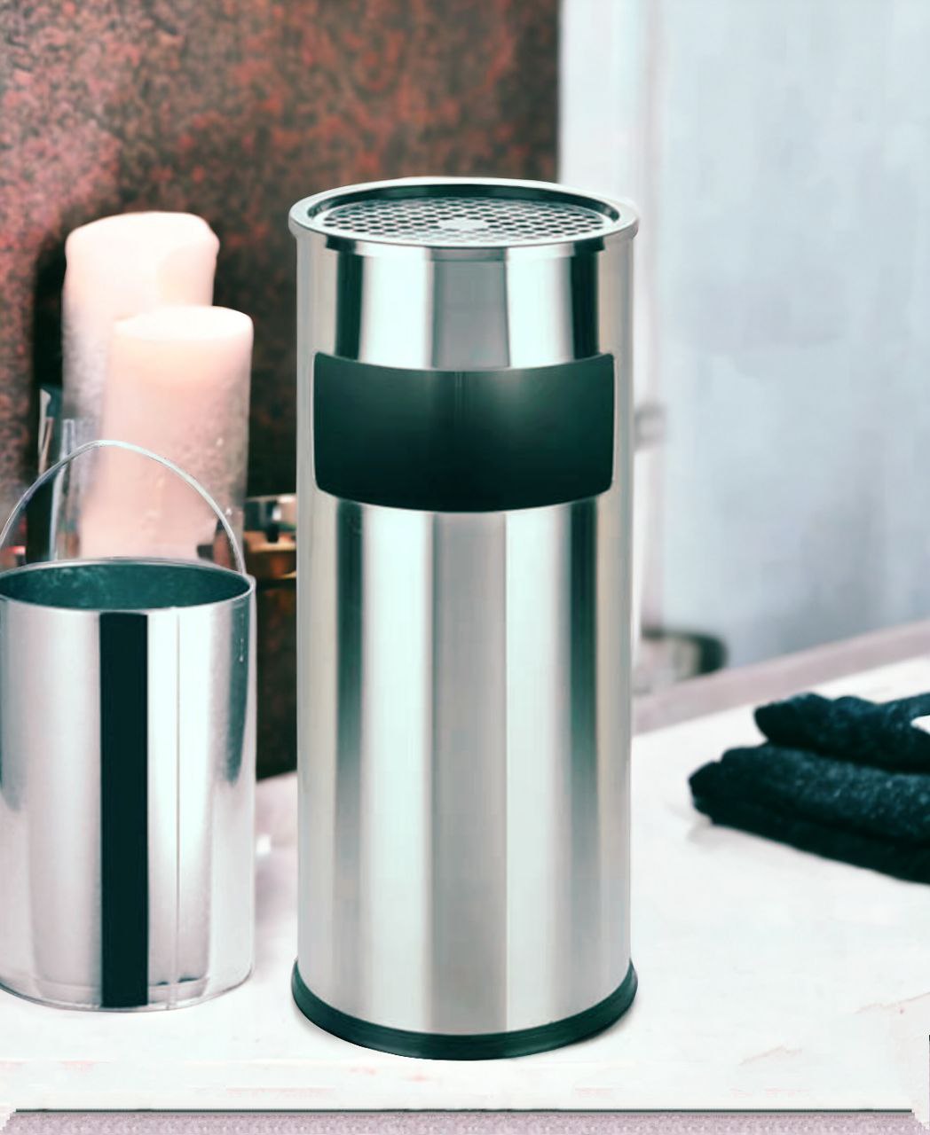 Thùng rác inox tròn, thùng rác inox gạt tàn tròn A - 035