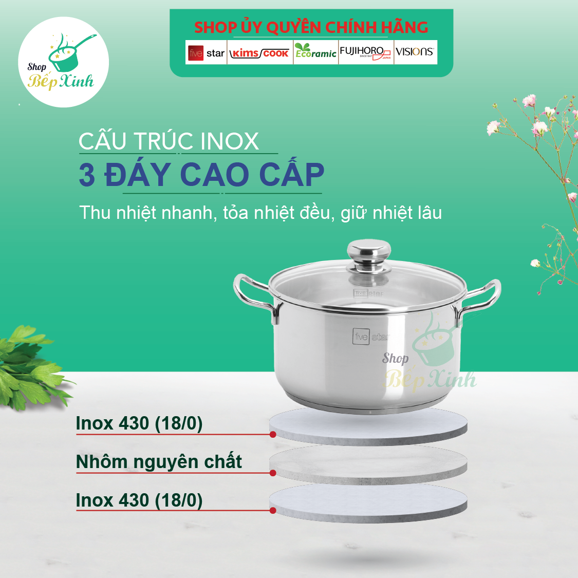 Nồi Inox 430 Bếp Từ 3 Đáy Nắp Kính Fivestar Tặng 5 Muỗng Ăn (20cm)
