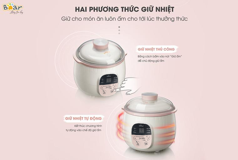 Nồi Ninh, Hấp, Nấu Cháo, Nấu Đồ Ăn Dặm Cho Bé 4 Trong 1 BEAR SUBE001 Có Lồng Hấp Dung Tích 0.8 L Công Suất 200W - Hàng Chính Hãng