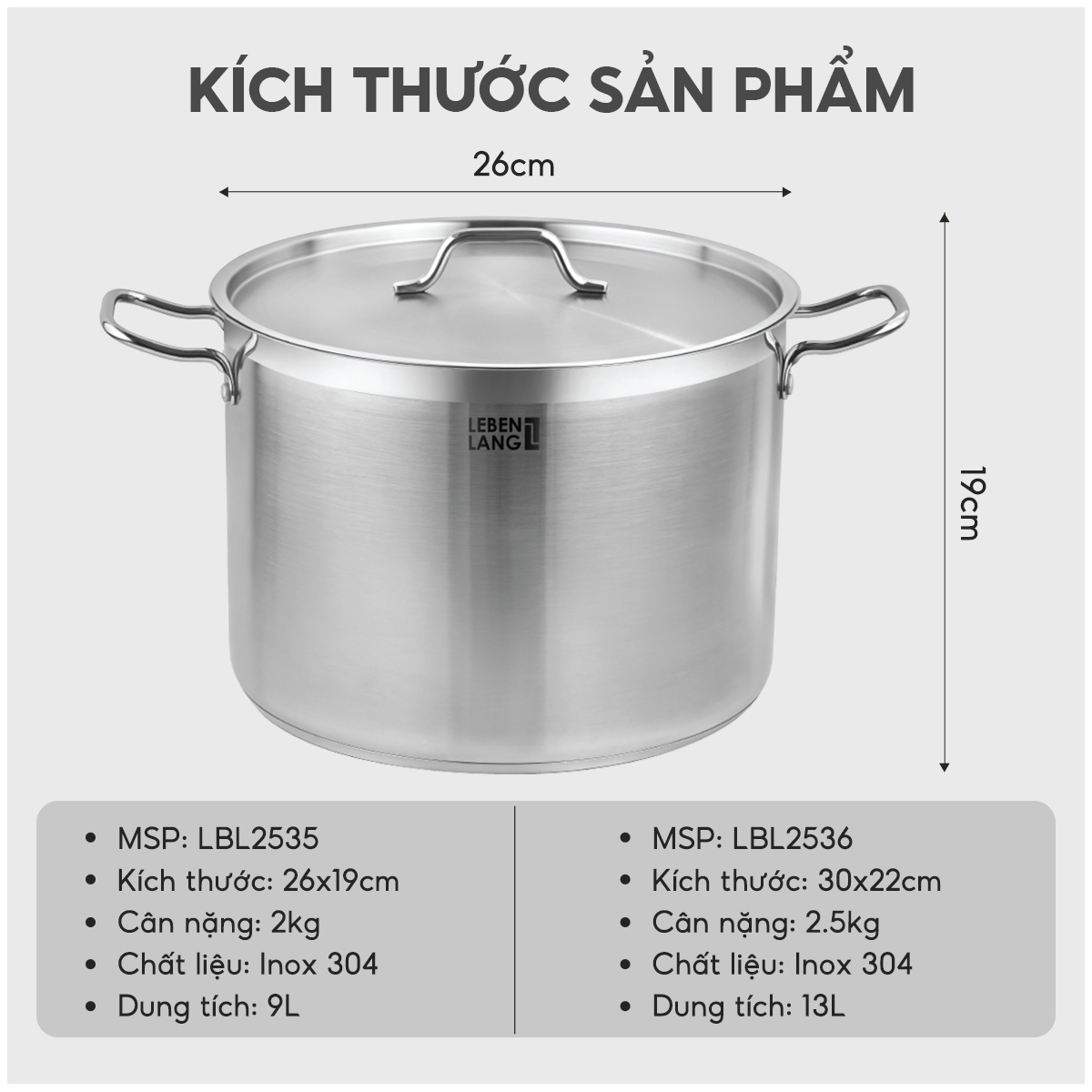 Nồi inox 304 nắp inox đáy 3 lớp Lebenlang LBL2535 và LBL2536, size 26, 30cm, dùng cho mọi loại bếp - hàng chính hãng