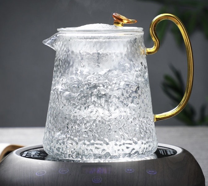 ẤM TRÀ THỦY TINH CÓ LÕI LỌC CHỊU NHIỆT NHIỆT CAO CẤP VÂN NHÁM QUAI VÀNG CRYSTAN 500ml - ANTH 419