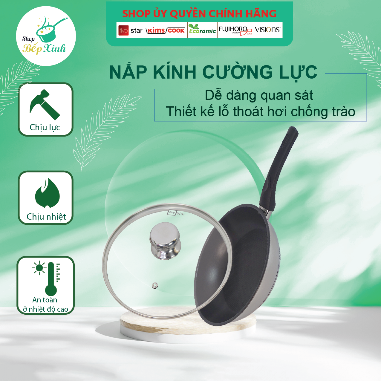 Chảo inox chống dính có nắp kính Fivestar Standard 3 đáy bếp từ tặng 5 muỗng ( 22cm / 24cm / 26cm / 28cm )