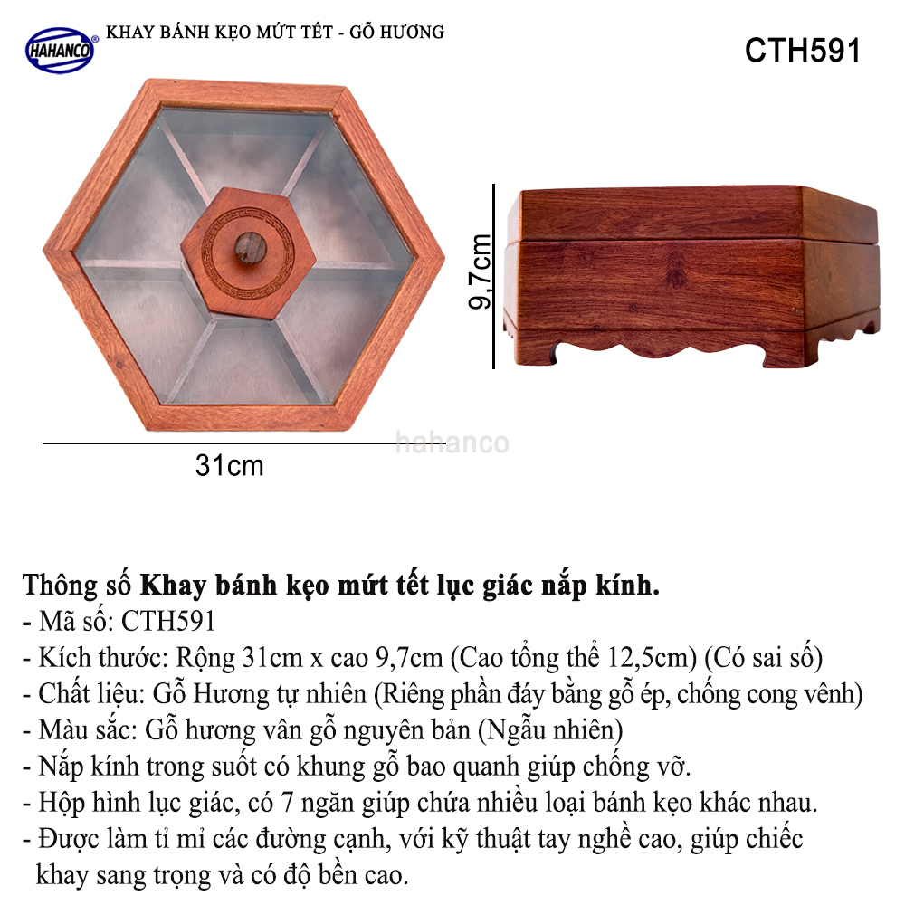 Khay Đựng Mứt Tết Bằng Gỗ Hương Nắp Kính Lục Giác Trong Suốt Sang Trọng - CTH591