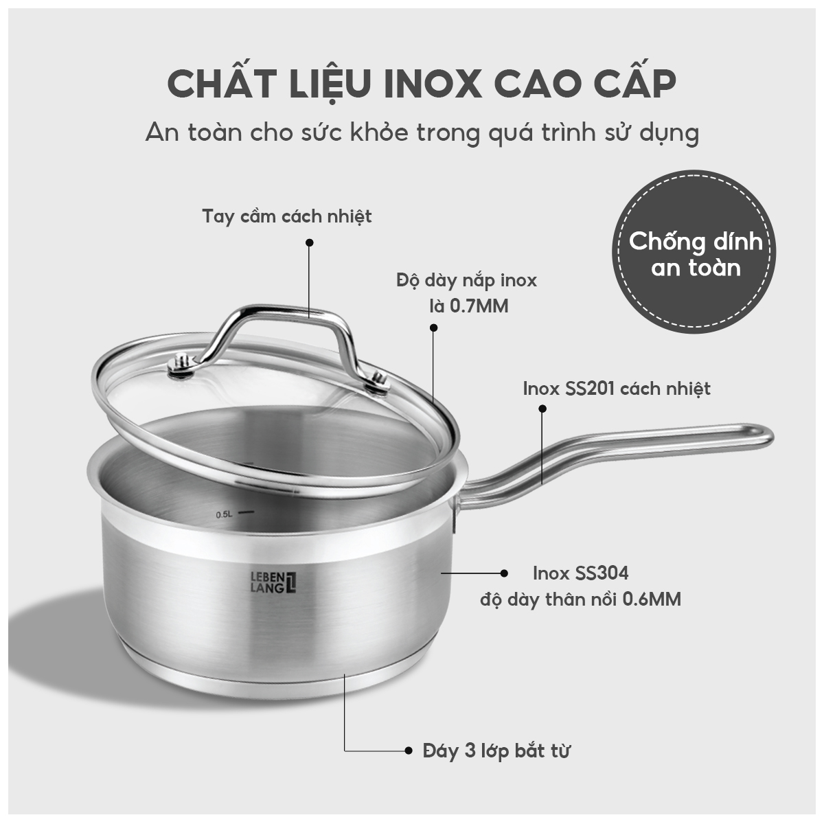 Quánh inox 304 vung kính đáy 3 lớp Lebenlang LBL2530, LBL2531, LBL2532, size 12,14,16, dùng các loại bếp - hàng chính hãng