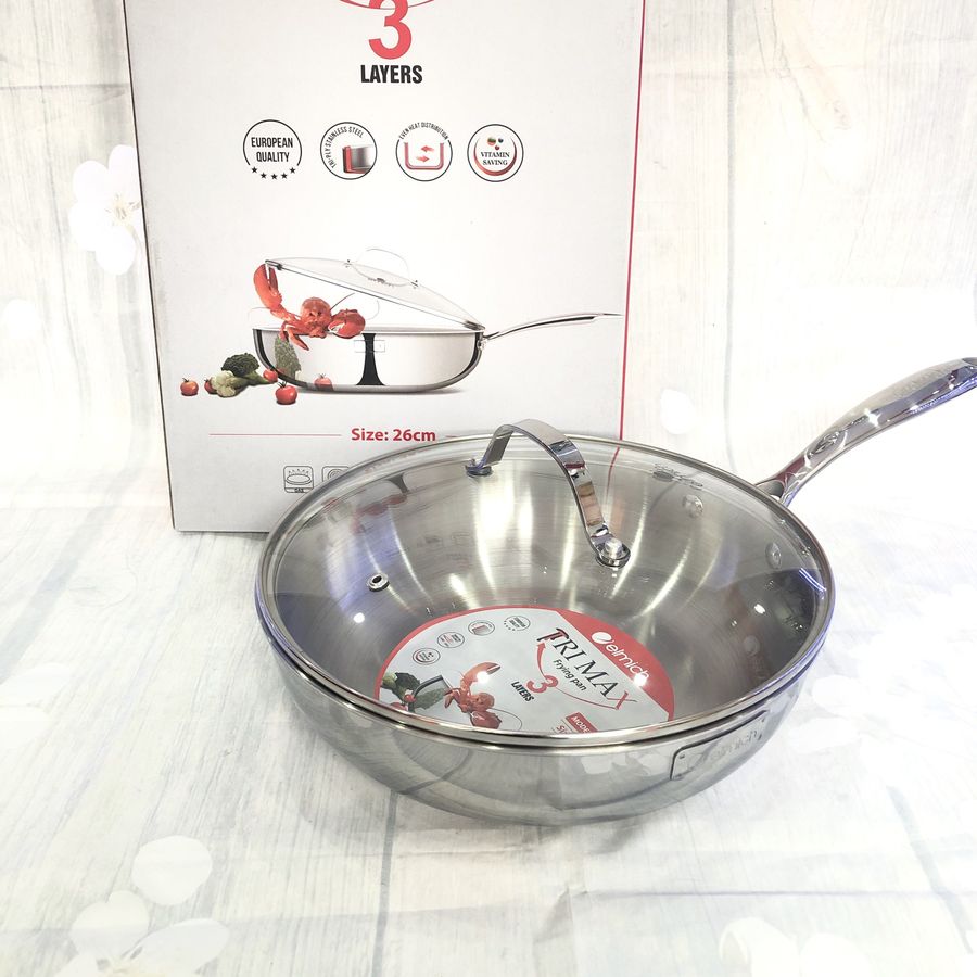 Chảo Xào Sâu Lòng 3 Lớp inox 304 Liền Đáy ELMICH TRI-MAX (EL-3796/26cm, EL-3845/24cm - Dùng Được Trên Mọi Loại Bếp) - Hàng Chính Hãng