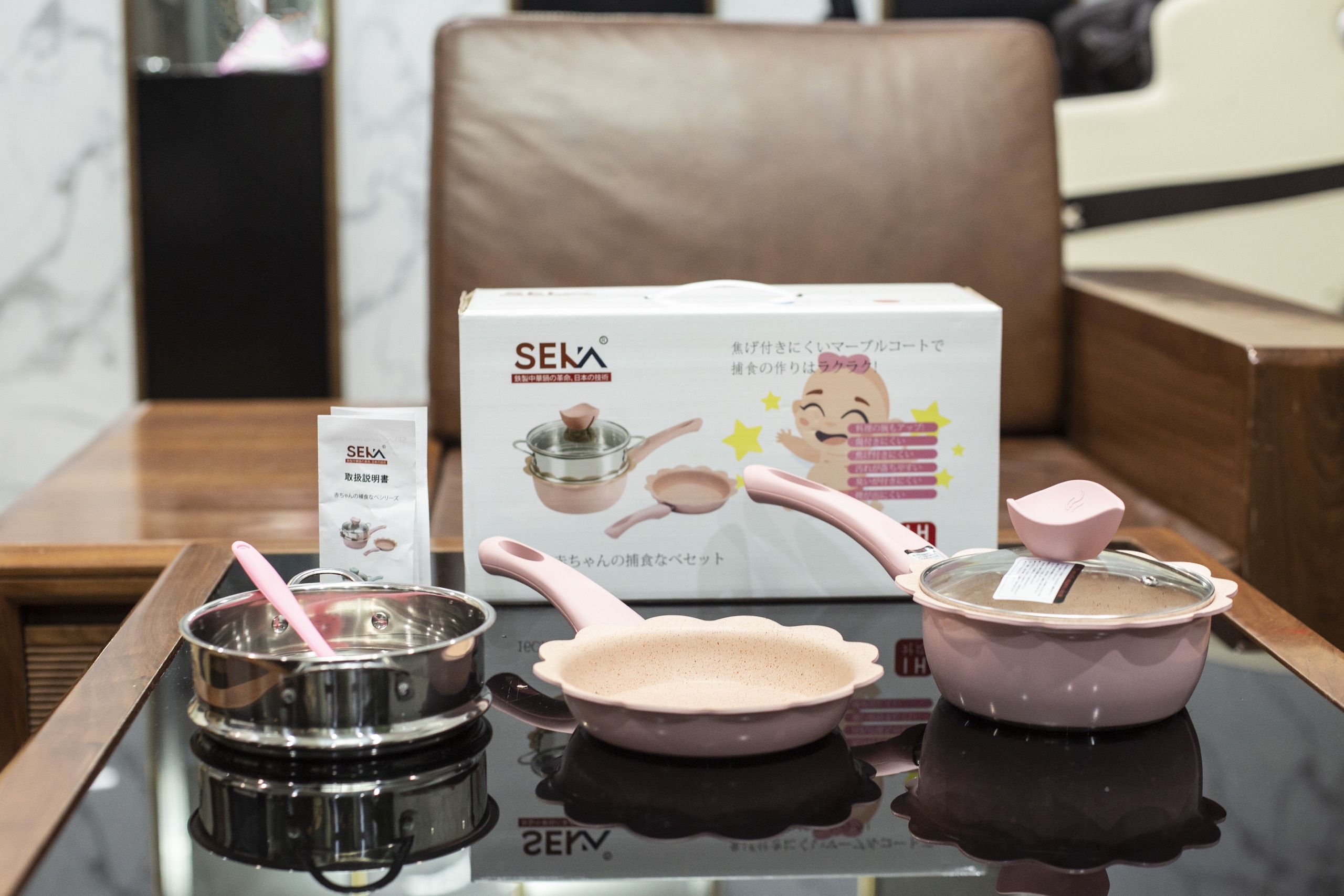 Bộ nồi chảo kèm xưởng hấp nấu ăn dặm cho bé Seka - Bộ nồi chảo 3 món men đá chống dính kèm xửng hấp