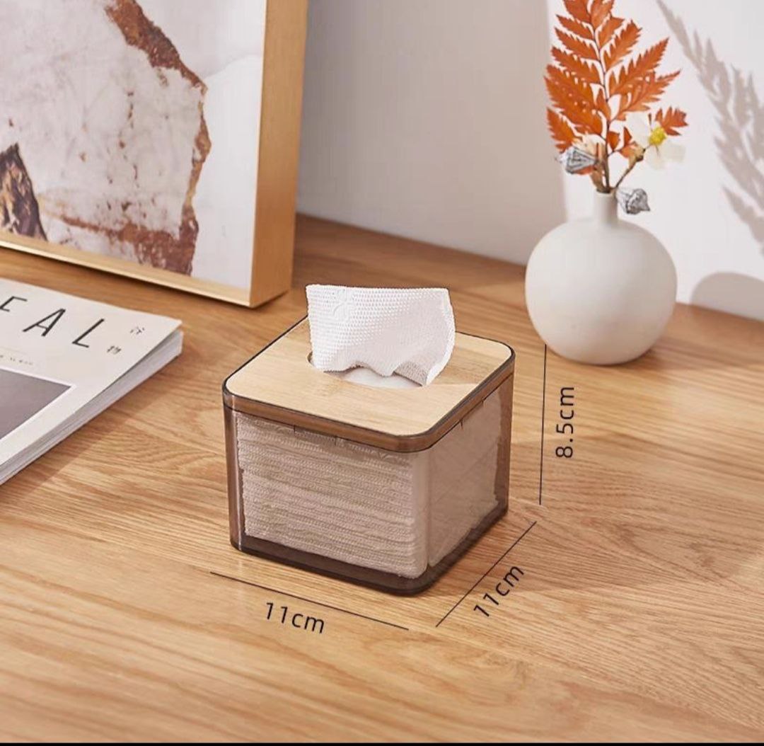 HỘP ĐỰNG GIẤY ĂN NHỰA MIKA TRONG SUỐT NẮP GỖ TRE PHONG CÁCH BẮC ÂU
