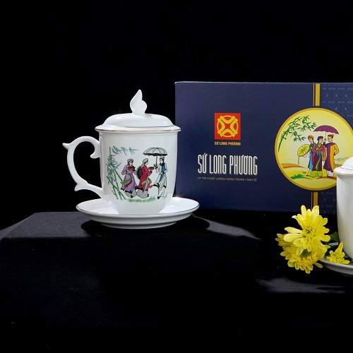 Bộ ca 10.5 quan họ (ca có nắp có kê) Cốc uống nước sứ Long Phương