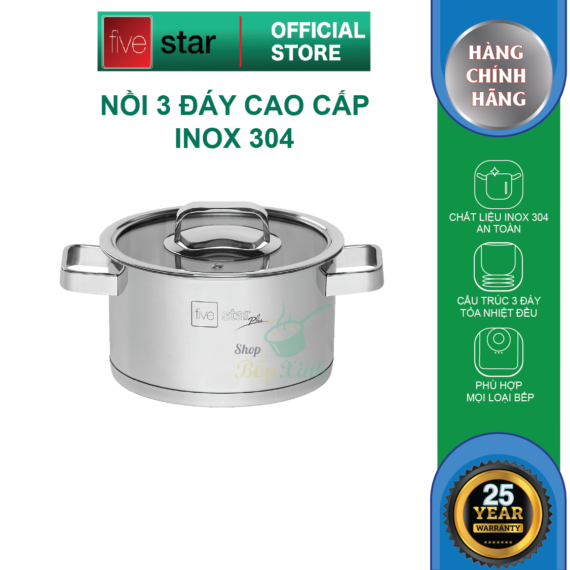 Combo Bộ nồi inox 304 và xửng hấp cao cấp Fivestar Plus 5 món nắp kính ( 1nồi 16cm x1nồi 18cm x1nồi 20cm x1nồi 24cm x 1thân xửng 24cm) , tặng 1 vá canh