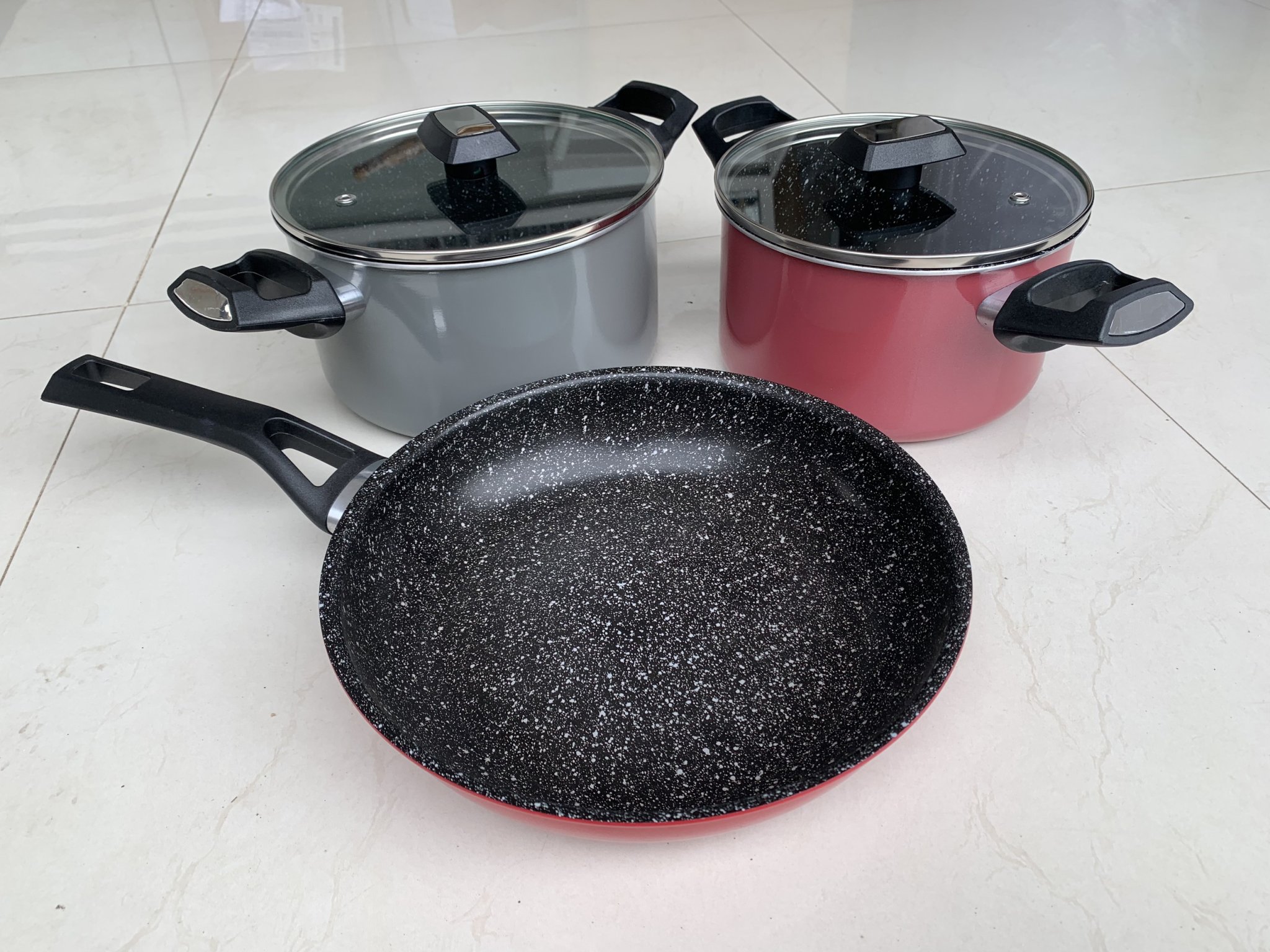 Bộ nồi chảo đáy từ 3 món gồm 2 nồi 18-20cm, 1 chảo 24cm Easy Kimscook chống dính vân đá Hàn Quốc