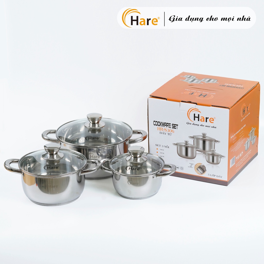 Bộ nồi inox đáy từ HR-S306 (16,20,24cm) - thương hiệu Hare - lỗi 1 đổi 1