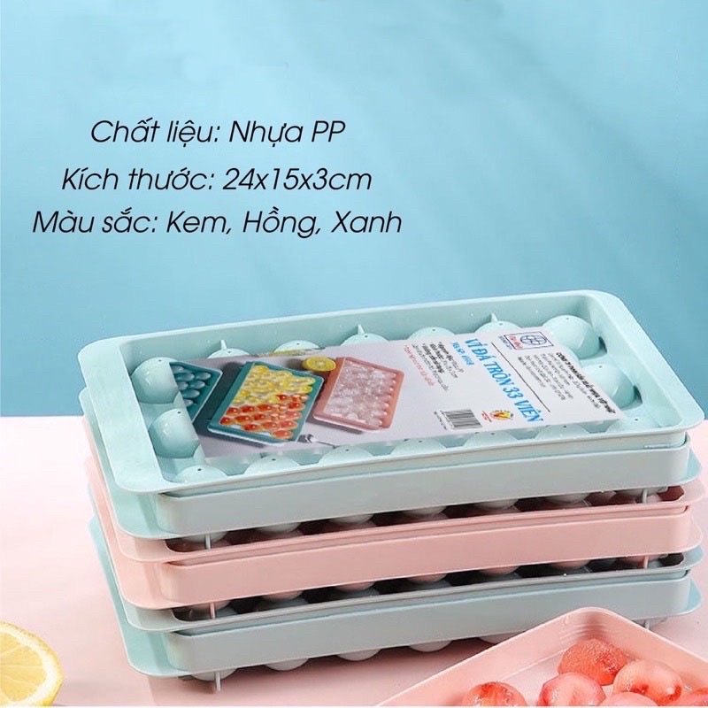 Khuôn Làm Đá, Khay Đá Bi Tròn, Vỉ Làm Thạch Rau Câu 33 Viên TRÒN Có Nắp Đậy Kín Nhựa Việt Nhật