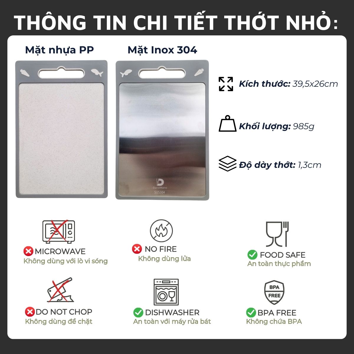 Thớt inox 304 và nhựa kháng khuẩn DandiHome cao cấp hai mặt