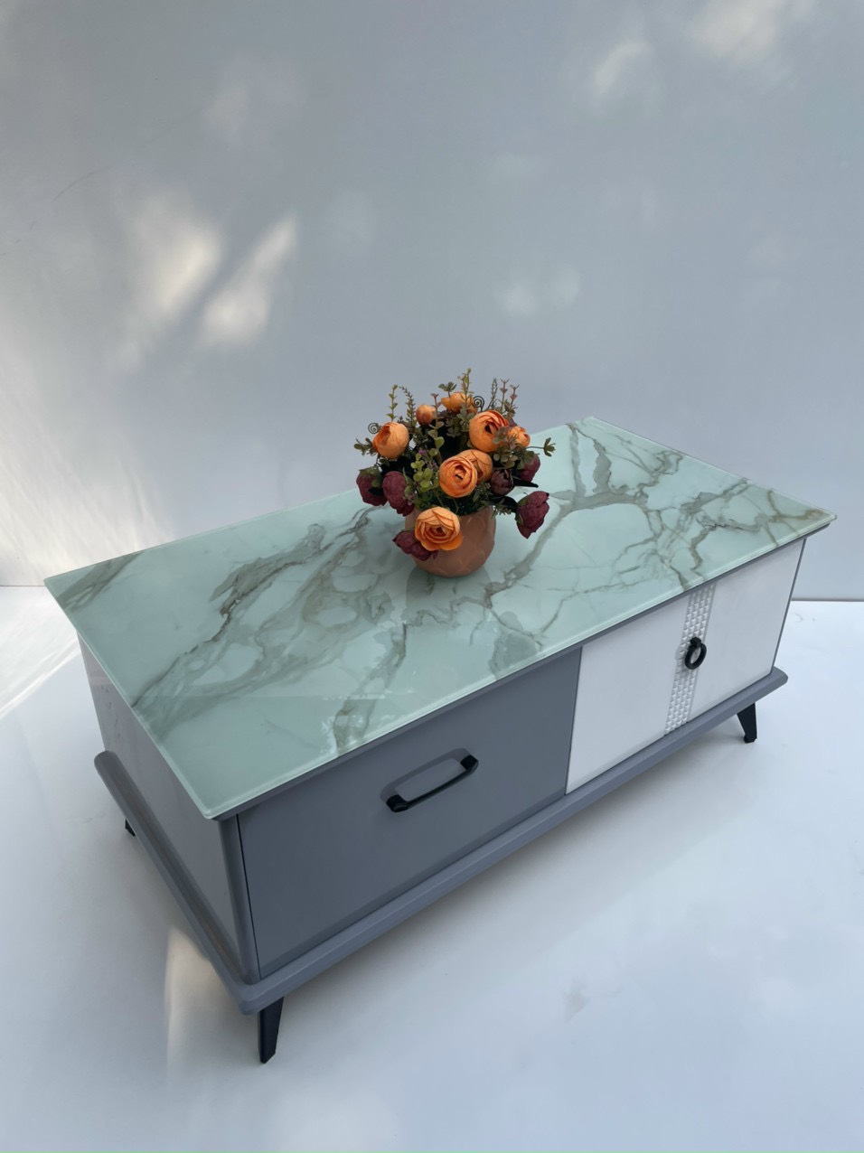 Bàn trà mặt kính vân xám mẫu mới 2023 Tundo KT50x100x45cm