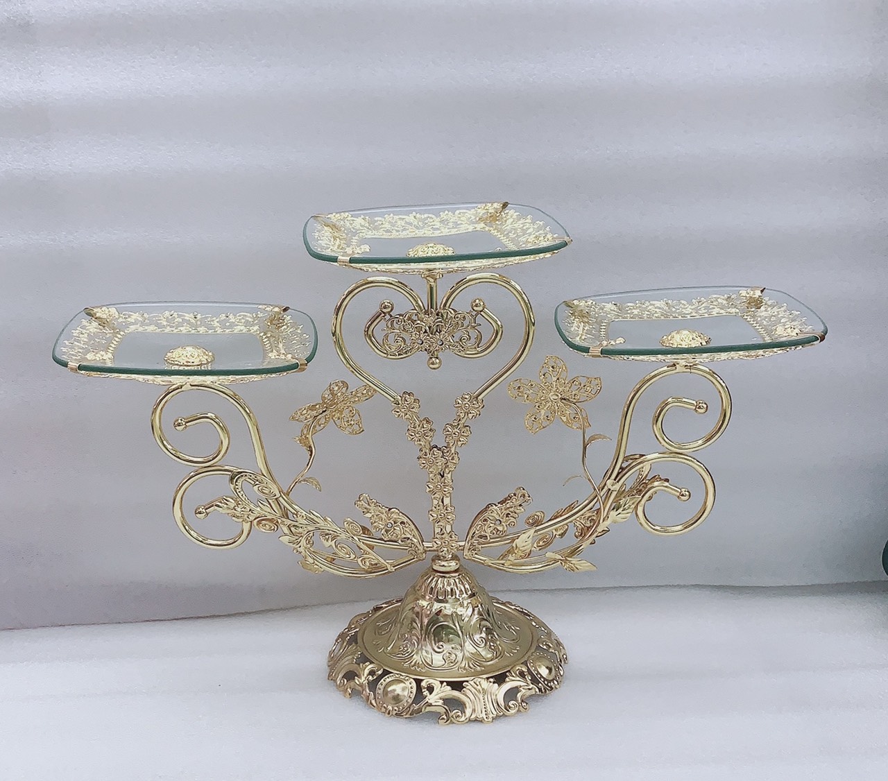 KHAY ĐỰNG BÁNH KẸO HOA QUẢ THỦY TINH 3 TẦNG KHUNG KIM LOẠI - VD28