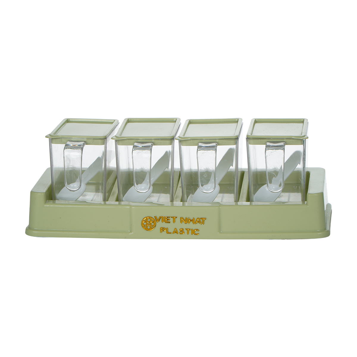 Bộ 4 lọ gia vị có thìa muỗng nhựa Việt Nhật - Hũ đựng gia vị có nắp đậy, có khay đế (Màu ngẫu nhiên)