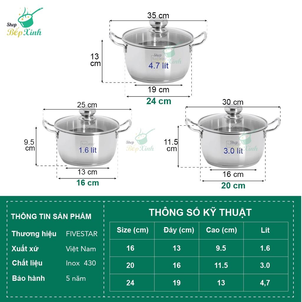 Bộ nồi 3 đáy inox 430 Thân Cool Fivestar Standard FS-B3010 (Kích thước 16cm - 20cm - 24cm) , tặng 1 vá canh