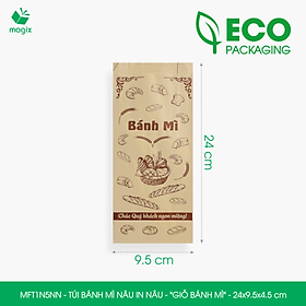 MFT1N5NN - 24x9.5x4.5 cm - 500 Túi bánh mì Nâu, in sẵn họa tiết GIỎ BÁNH MÌ - Bao bánh mì Túi giấy thực phẩm an toàn