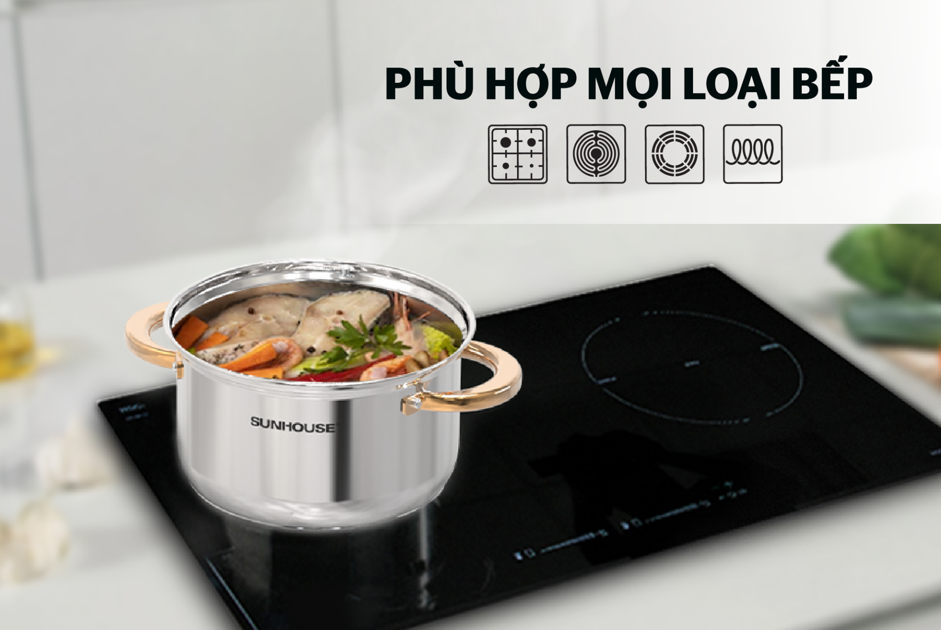 Bộ nồi chảo inox 5 đáy Sunhouse SHG789 - Hàng Chính Hãng