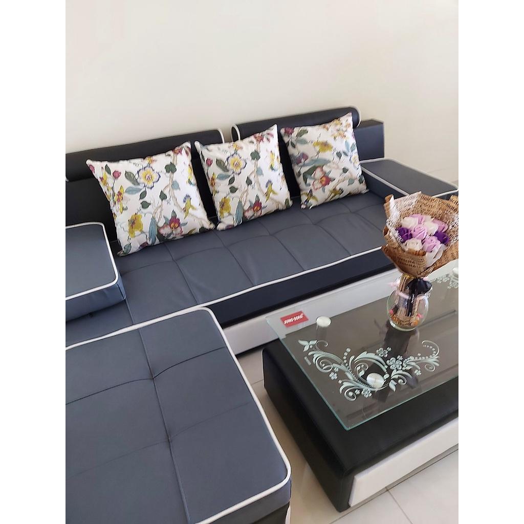Bộ sofa phòng Khách 2m2 dành cho chung cư Bình Long Sofa bao gồm đủ gối, đôn và bàn trà kính