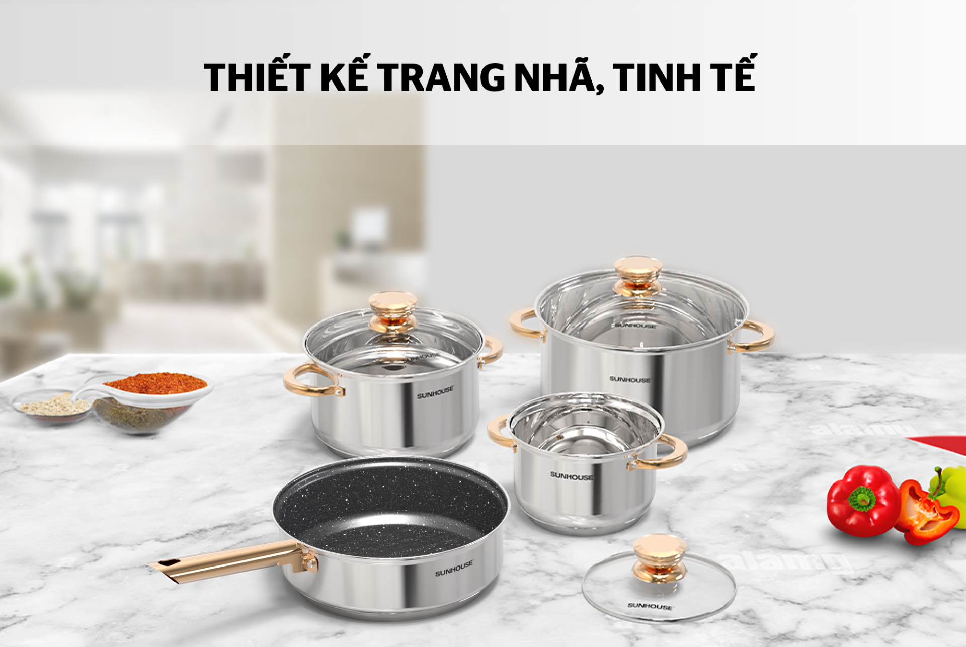 Bộ nồi chảo inox 5 đáy Sunhouse SHG789 - Hàng Chính Hãng