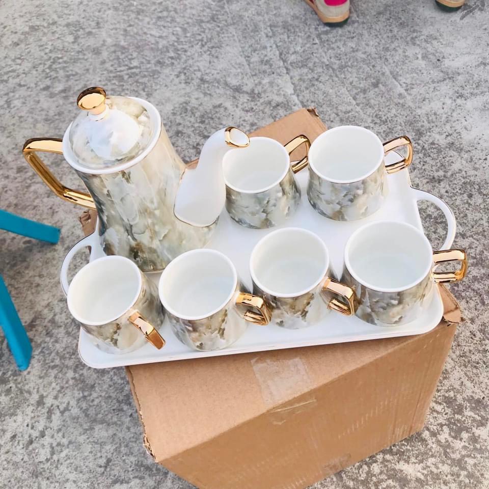 BỘ ẤM CHÉN KÈM KHAY SỨ XƯƠNG CAO CẤP VÂN ĐÁ PHA TRÀ CÀ PHÊ PHONG CÁCH CHÂU