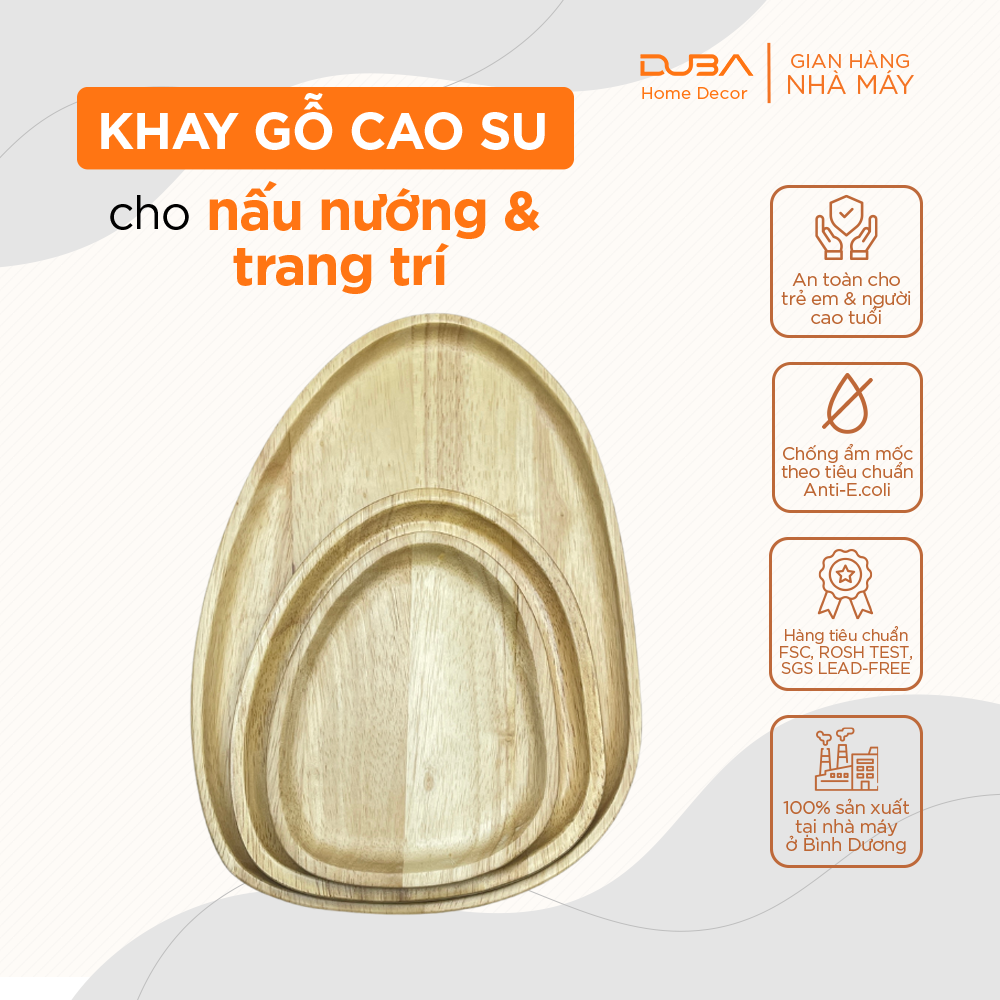 Khay gỗ cao su decor, thớt gỗ trang trí hình sỏi màu tự nhiên đạt chuẩn xuất khẩu - DUBA