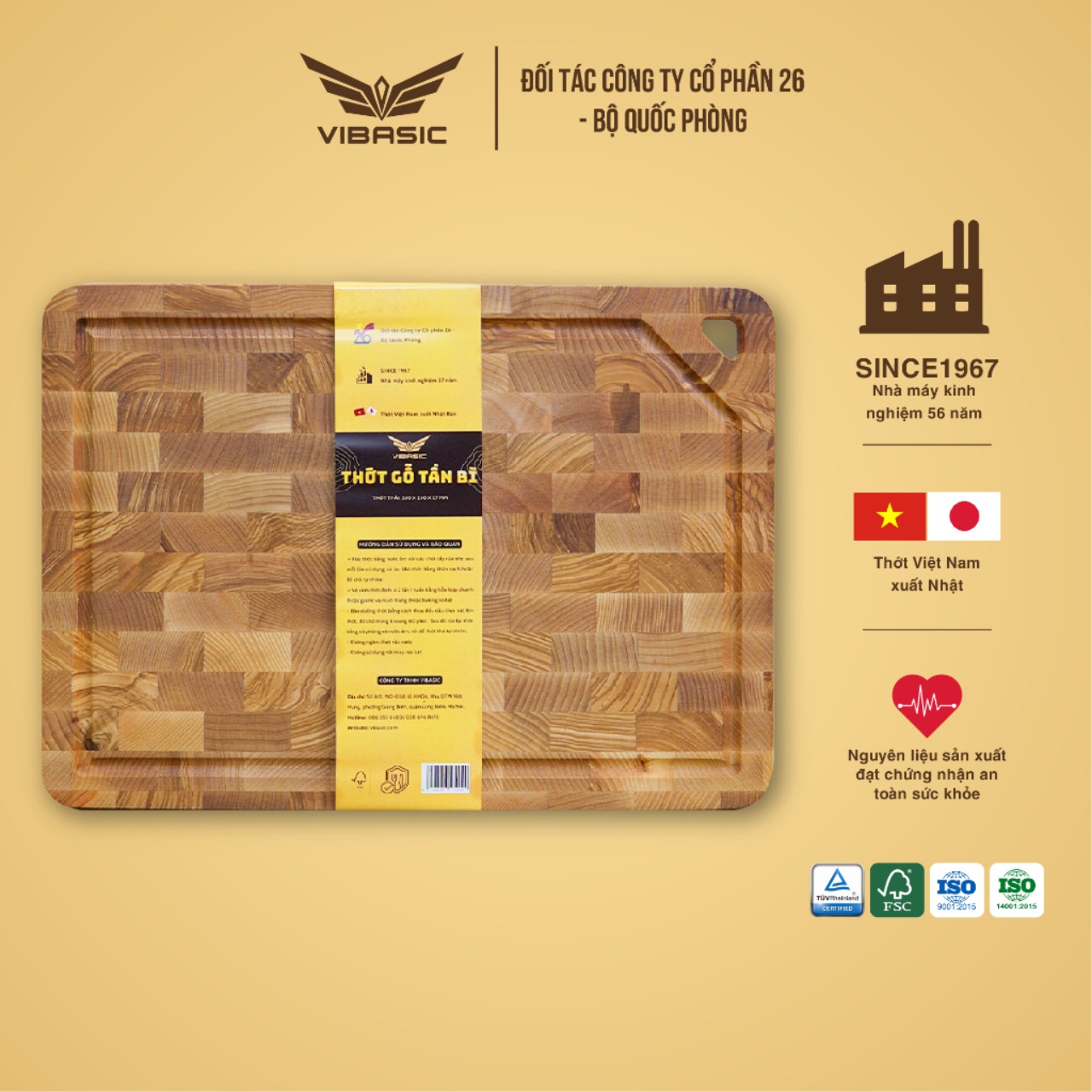 Thớt gỗ tần bì cao cấp chính hãng tiêu chuẩn quốc tế vibasic 35x25x2.7cm cắt thái đa năng, có móc treo