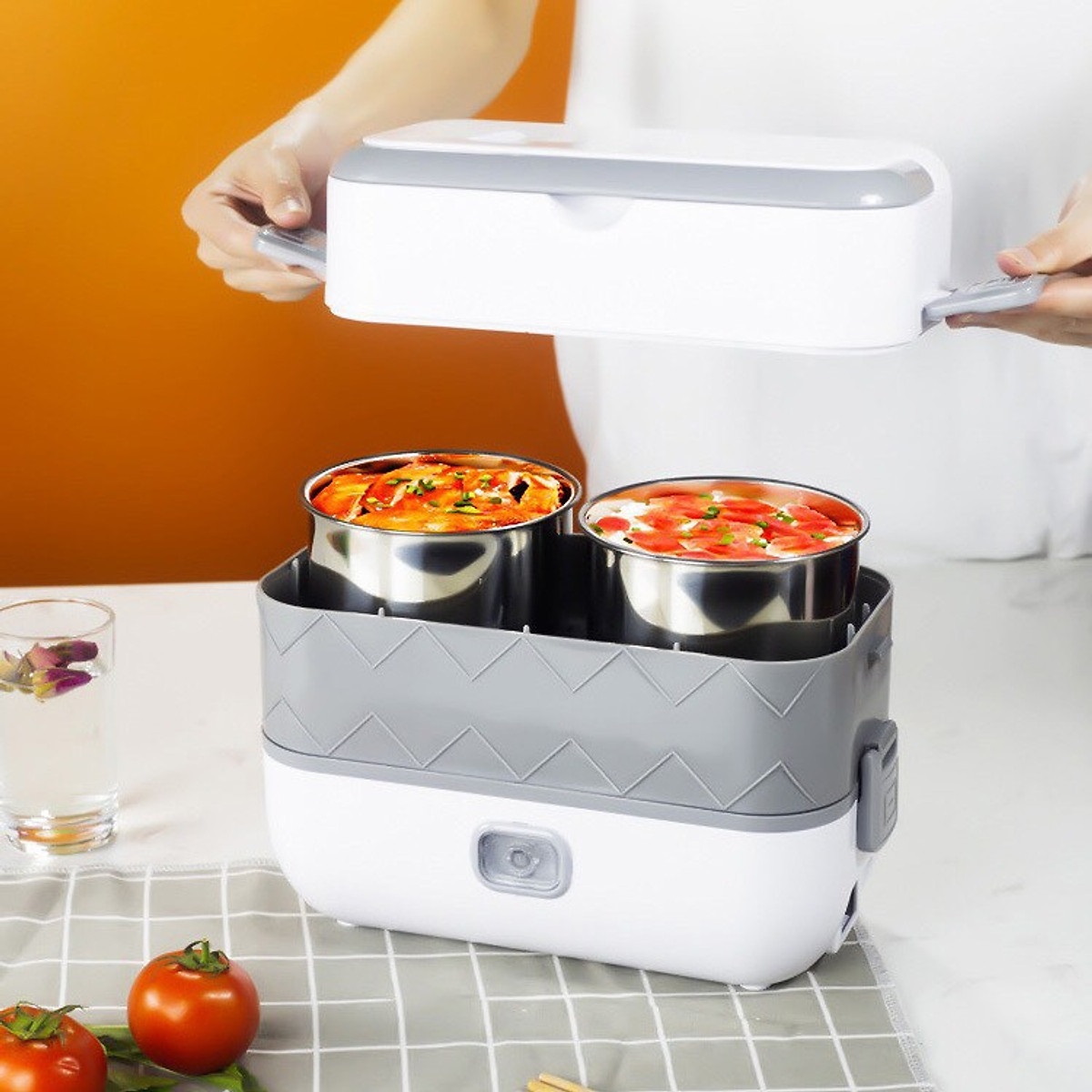 Hộp Cơm Cắm Điện, Hộp Cơm Văn Phòng, Hâm Nóng Và Có Thể Nấu Chín Thức Ăn, Hộp Cơm 4 Ngăn Ruột Inox 304 Cao Cấp - Hàng Nhập Khẩu