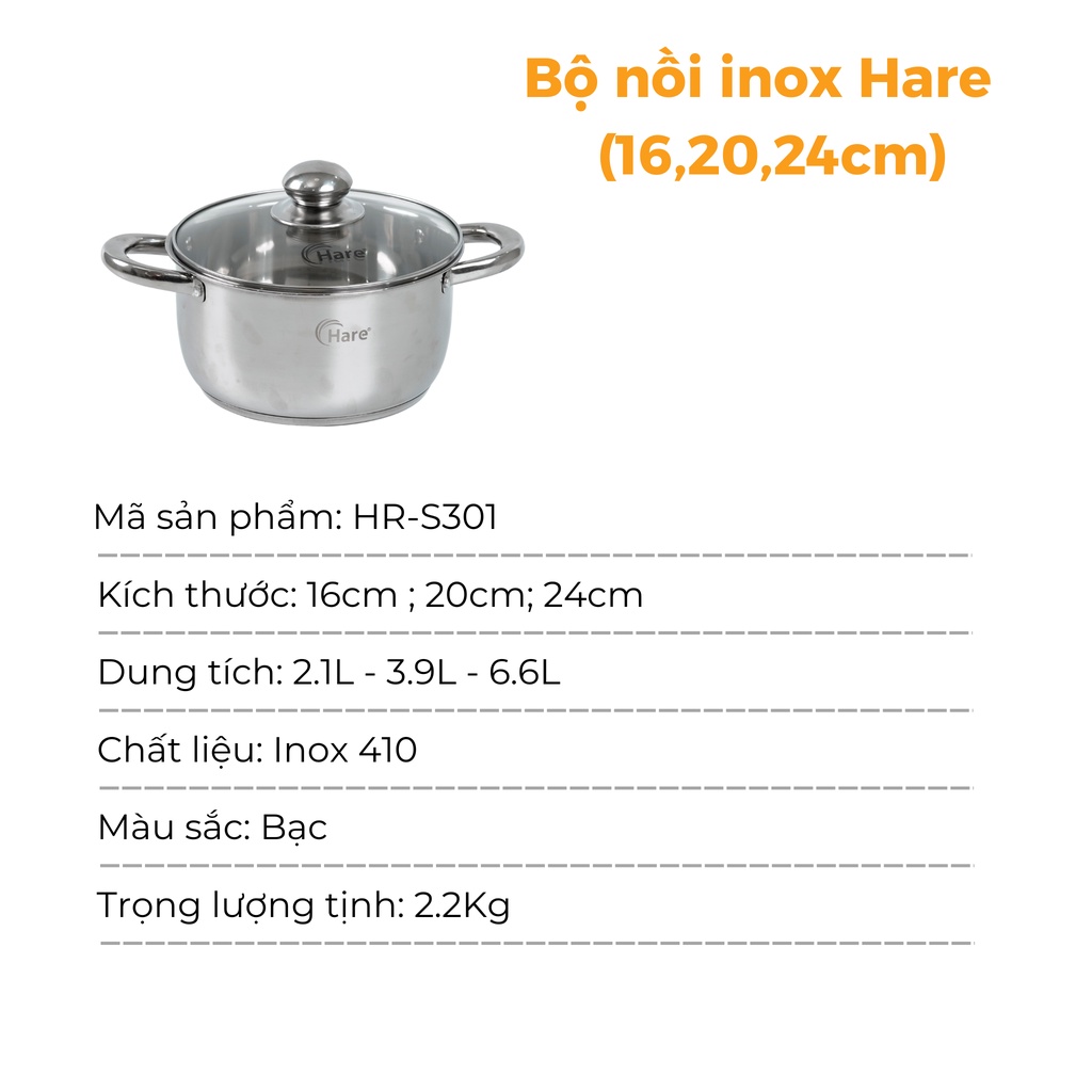 Bộ nồi inox đáy từ HR-S301 (16,20,24cm) - thương hiệu Hare - lỗi 1 đổi 1