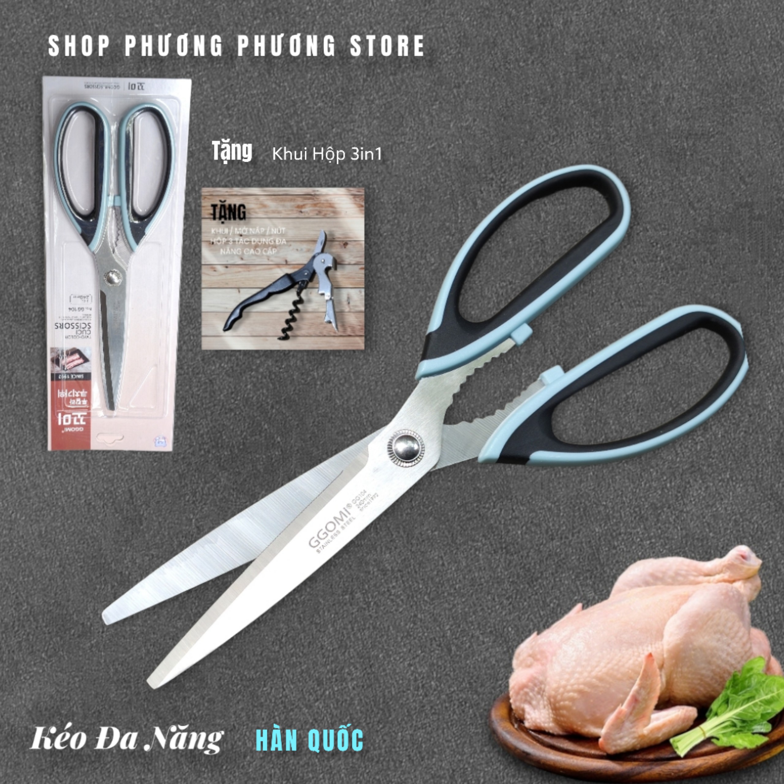 Kéo Hàn Quốc Nhà Bếp Kéo Cắt Gà Cắt Đồ Đa Năng Cao Cấp ( Tặng Khui Hộp 3 in 1 )